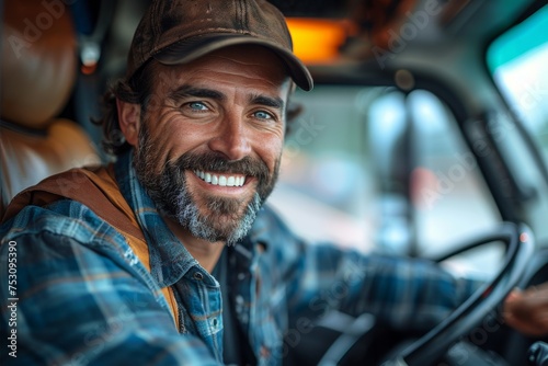 Engaging portrait of a smiling truck driver with hands strategically placed on the steering wheel