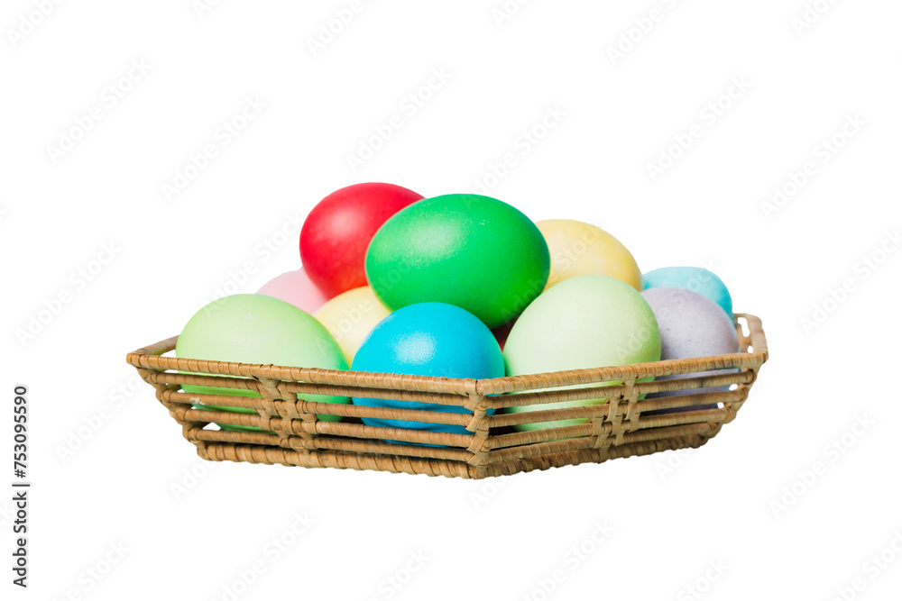 Basket of colorful Easter eggs isolated on white background. Easter basket filled with colored eggs top view holiday concept