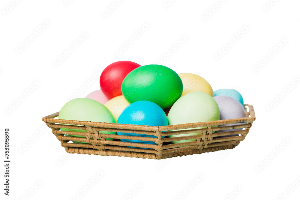 Basket of colorful Easter eggs isolated on white background. Easter basket filled with colored eggs top view holiday concept Basket of colorful Easter eggs isolated on white background. Easter basket filled with colored eggs top view holiday concept