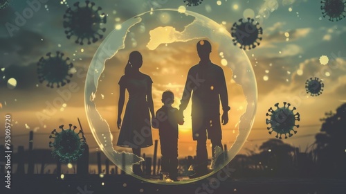 Silhouetted family inside a protective bubble. Generative ai
