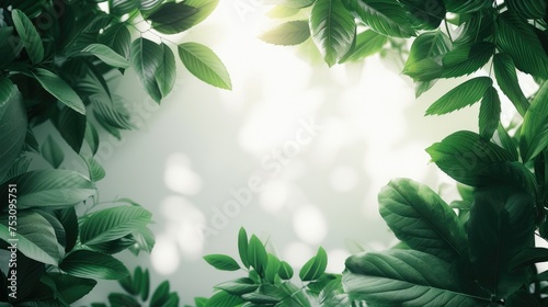 Green leaves border with natural sunlight and blurred background. 3D green plant frame earth day