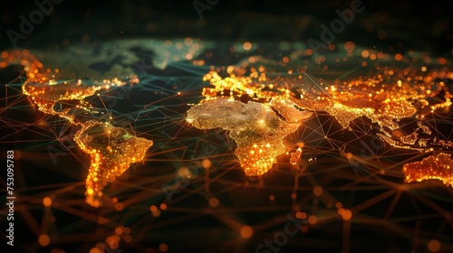 Global map illuminated by interconnected webs or grid lines. Generative ai