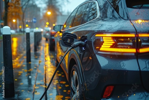 A luxury SUV gets an evening charge from an illuminated charging station  portraying the integration of clean energy into daily life