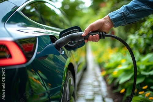 Someone's hand engaging the charger plug into a sleek electric car amid a fresh natural setting with flora