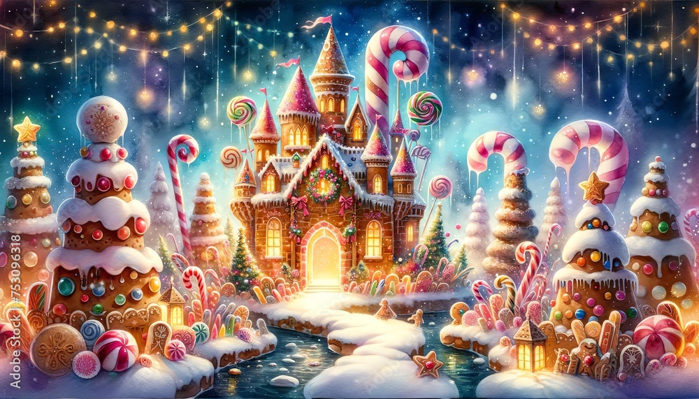 Watercolor of magic candy castle in Wonderland during Christmas