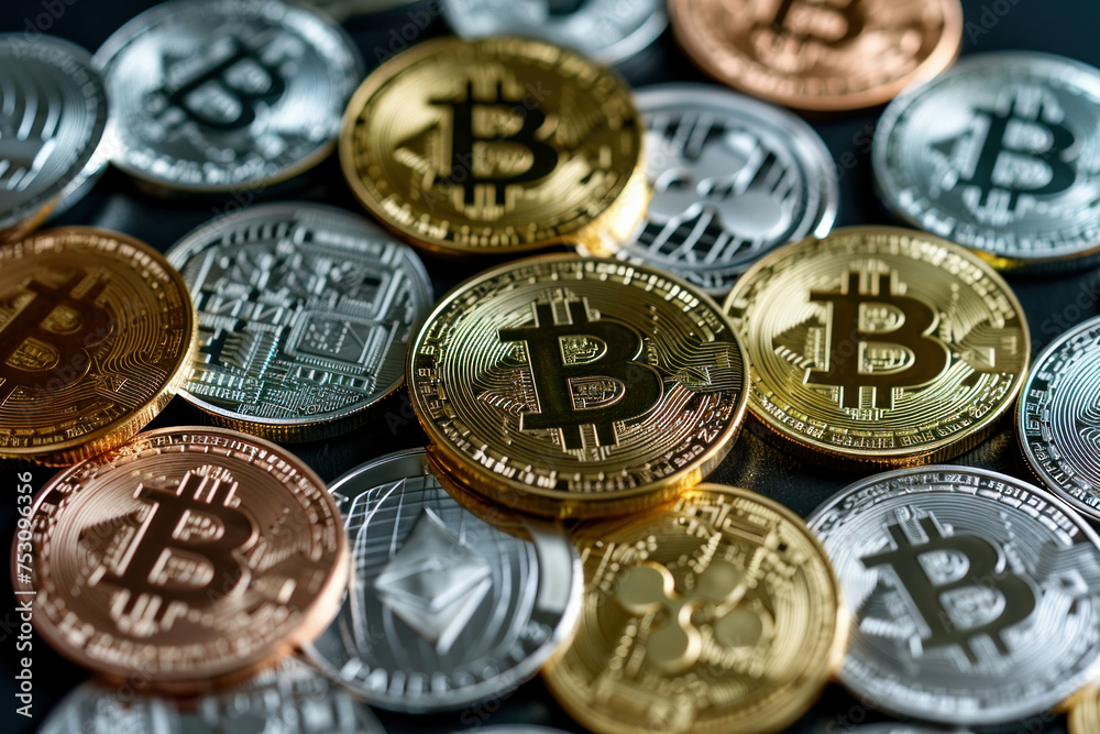 Stack of various colorful bitcoin coins on top of each other showing digital cryptocurrency wealth concept Stack of various colorful bitcoin coins on top of each other showing digital cryptocurrency wealth concept