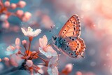 An exquisite close-up of a butterfly perched delicately on cherry blossoms with a dreamy bokeh background