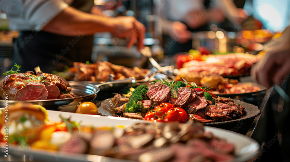 Fototapeta premium Gourmet catering buffet at a celebration, presenting an assortment of colorful, tasty meat and vegetable dishes for joyful gatherings.