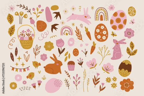 Easter design elements - rabbit, chicken, egg, leaves, flower, berry, carrot
