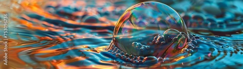  Reflections of a soap bubble on the surface of water blending with ripples to create a surreal photo