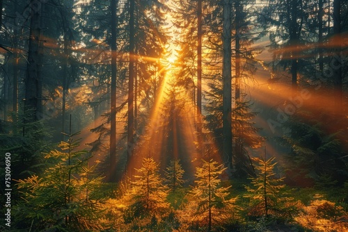 Intense golden beams of light filter through the trees of a lush forest, highlighting the textures and depth of the woods