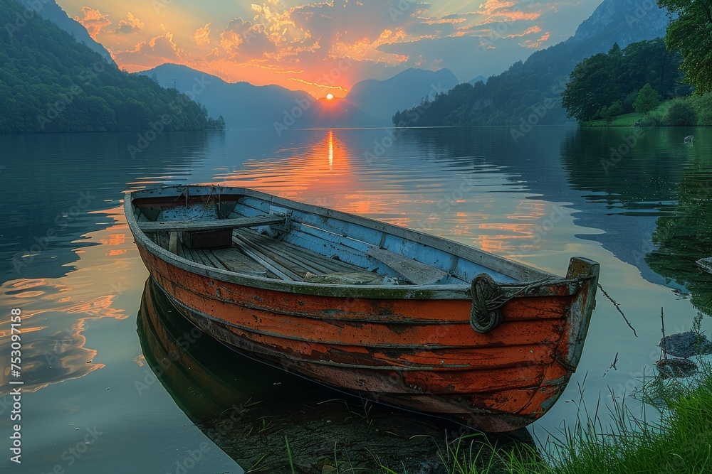 An old wooden rowboat resting on a still mountain lake as the sun sets behind hills casting a warm glow
