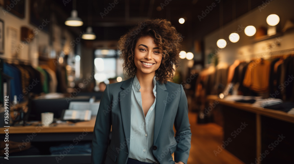 Smiling businesswoman in a fashionable suit stands in a clothing store with racks of clothes in the background