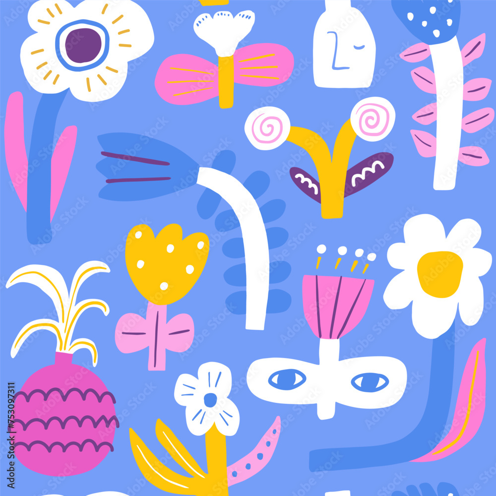 Seamless modern style floral pattern. Simple abstract flowers with eyes. Blossom blue vector background great for fabric, textile Seamless modern style floral pattern. Simple abstract flowers with eyes. Blossom blue vector background great for fabric, textile