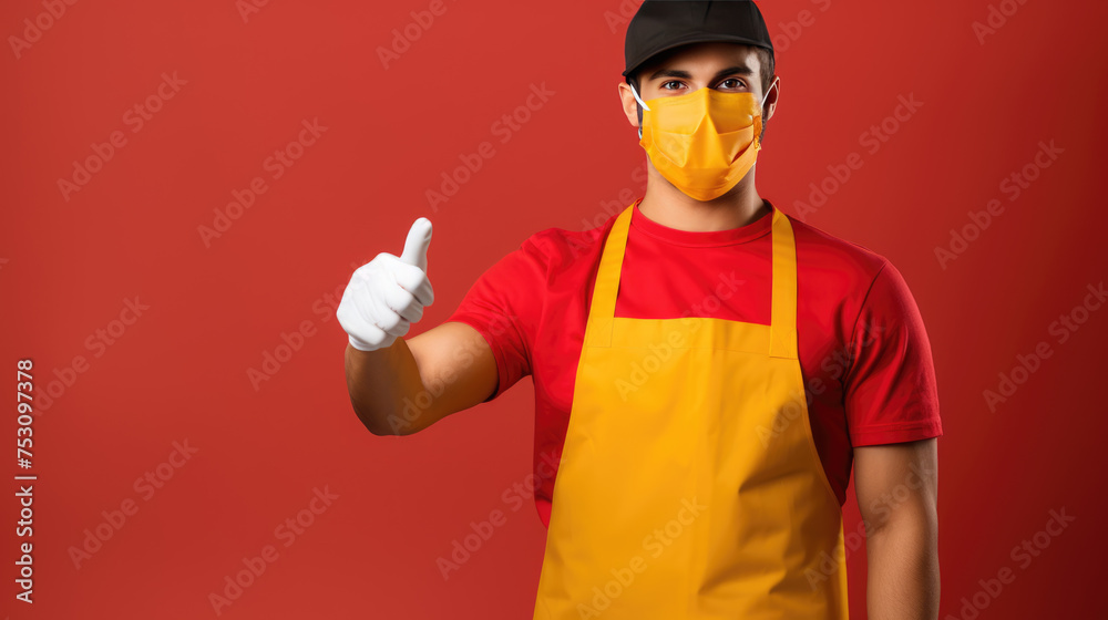 Delivery man in mask is giving a thumbs up while holding a paper bag, signaling good service or approval. Delivery man in mask is giving a thumbs up while holding a paper bag, signaling good service or approval.