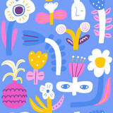 Seamless modern style floral pattern. Simple abstract flowers with eyes. Blossom blue vector background great for fabric, textile