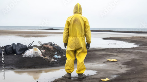 A man in a radiation suit is standing on the shore of the ocean and looking into the distance. There is garbage on the shore. Ecological disaster, radiation, environmental pollution