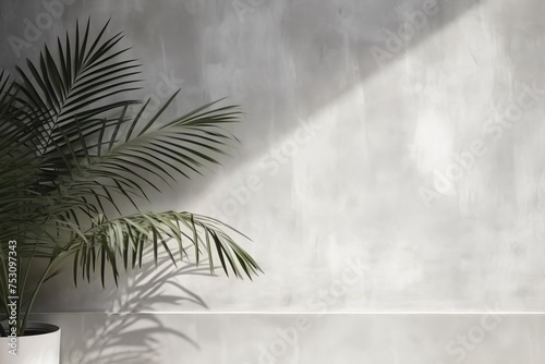 Tropical background. A potted palm tree against a gray wall. Minimalistic home interior or design. Copy space.