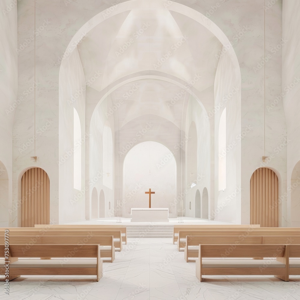 Clean white toned marble altar in a minimalist cathedral focusing on simplicity and spiritual calm