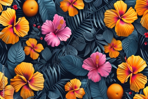 A captivating display of bright hibiscus  vivid leaves  and oranges on a dark background  evoking a tropical paradise