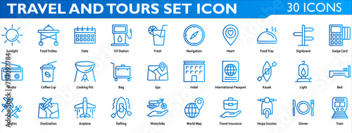 Travel and Tours icon set. Containing sunlight,food trolley,date,oil station,fresh,navigation,heart,food tray,signboard,swipe card,audio,coffe cup,cooking pot,bag,gps,hotel,internation passport,kayak,