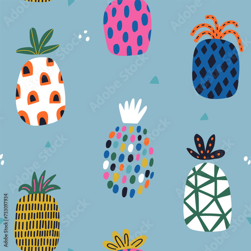 Seamless pattern with abstract colorful pineapples. Exotic summer background with fruits. Vector illustration