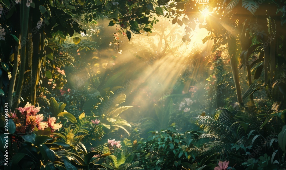 Fototapeta premium Oasis of lush foliage and exotic flora as the first light of dawn bathes a beautiful jungle garden in warm