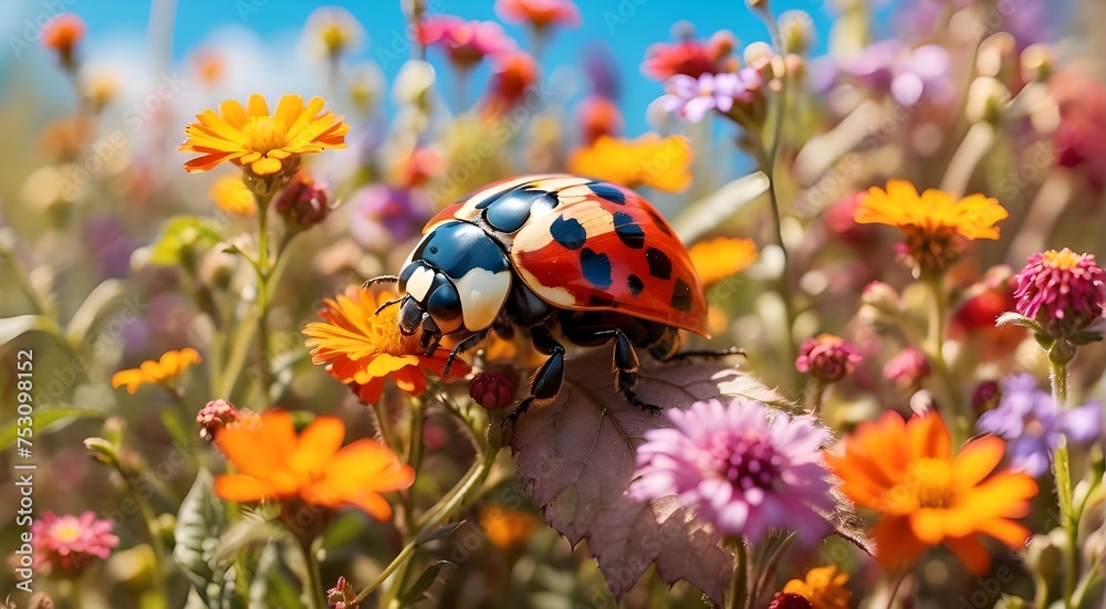 A vibrant and whimsical ladybird perched on a bed of colorful wildflowers, its delicate wings shimmering in the sunlight. A vibrant and whimsical ladybird perched on a bed of colorful wildflowers, its delicate wings shimmering in the sunlight.