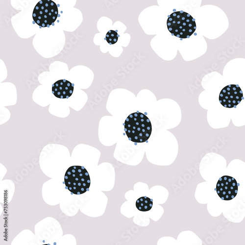 Seamless floral pattern with white abstract flowers. Botanical minimal pastel texture. Vector illustration