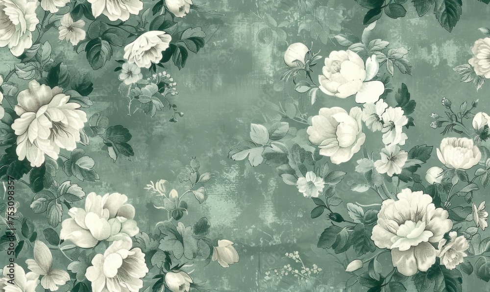 Fototapeta Floral wallpaper design in timeless hues, beautifully contrasted against a deep green background