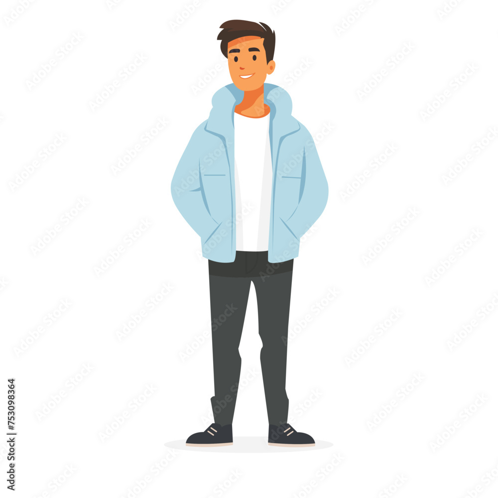 Man, guy, standing and smiling full-length illustration, flat illustration, user interface illustration, isolated on a white background