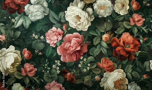 Floral wallpaper design in timeless hues, beautifully contrasted against a deep green background