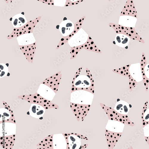 Seamless pattern with cute panda doing yoga. Cartoon creative pink panda texture. Vector illustration
