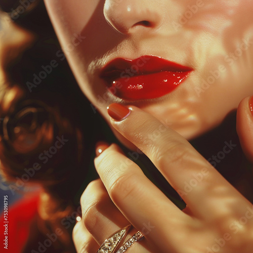 close up girls lips with red lipstic