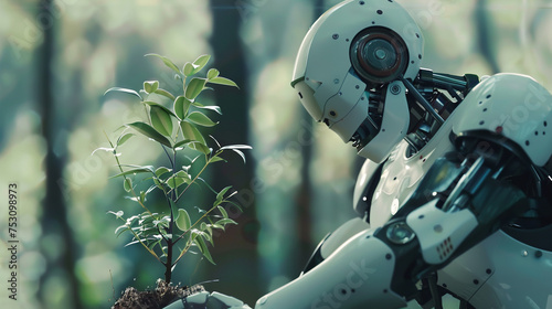 Ethical AI humanoid robot planting tree soft colors futuristic yet gentle technology theme