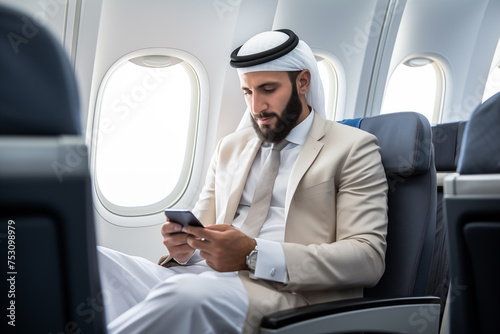 Muslim businessperson in traditional white attire, engaged with a smartphone while seated on an airplane, symbolizing sophistication and cultural heritage © The Origin 33