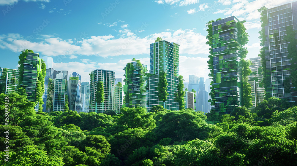 Sustainable city infrastructure green buildings and transport urban eco solutions skyline
