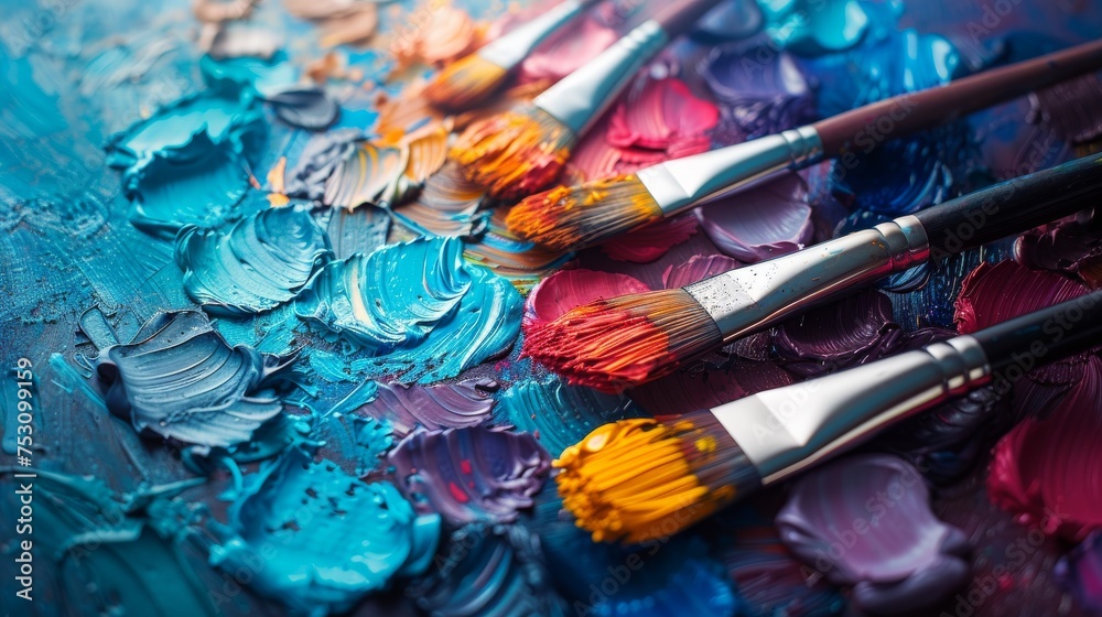 Fototapeta premium Selective Focus on Canvas: Artistic Workspace with Blurred Brushes