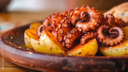 Pulpo a la Gallega, tender slices of octopus perfectly cooked and seasoned with paprika, served atop sliced boiled potatoes, all generously drizzled with olive oil and sprinkled with coarse salt. photo
