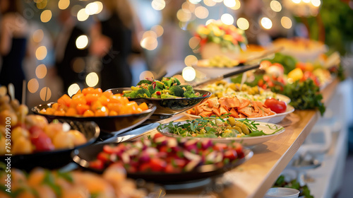 Lavish party buffet offering a selection of exquisite meat and vegetable dishes, inviting guests to a vibrant feast celebration.