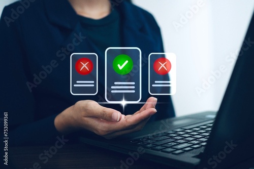 Online Surveys and Validation Checklists Digital form with laptop computer and process management files.