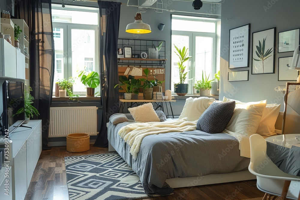 Bright and cozy modern studio apartment with a stylish interior design.