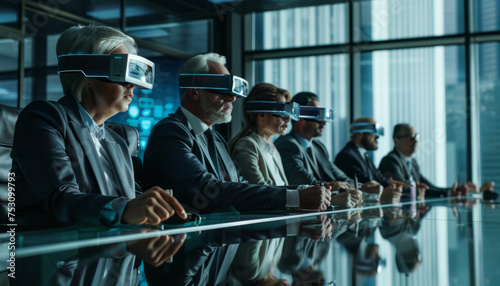 A group of business people wearing virtual reality glasses at a presentation in the office.