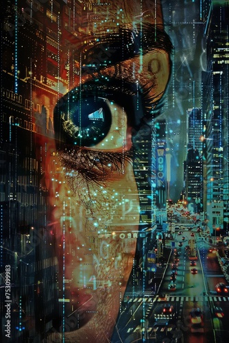 Surreal cyberpunk composite, an eye merging with cityscape and data streams