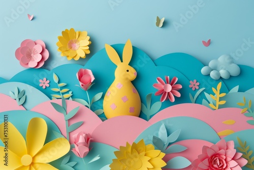easter egg with colorful flowers  easter eggs and easter bunny  in the style of dark pink and light azure  elegant use of negative space  trompe l   oeil  poster  light yellow and sky-blue  vibrant sta