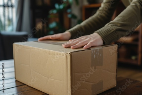 Closeup of cardboard on the table, hand unboxing package, snapshot of product delivery.
