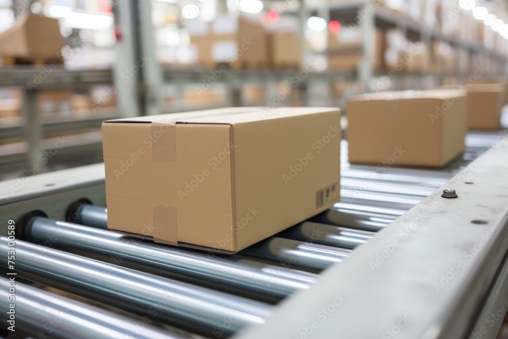 Closeup of multiple cardboard box packages seamlessly moving along a conveyor belt in a warehouse fulfillment center photgraphy with blur background.
