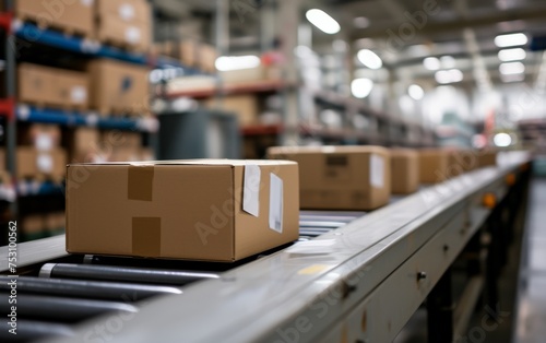 Closeup of multiple cardboard box packages seamlessly moving along a conveyor belt in a warehouse fulfillment center photgraphy with blur background. © Cheetose