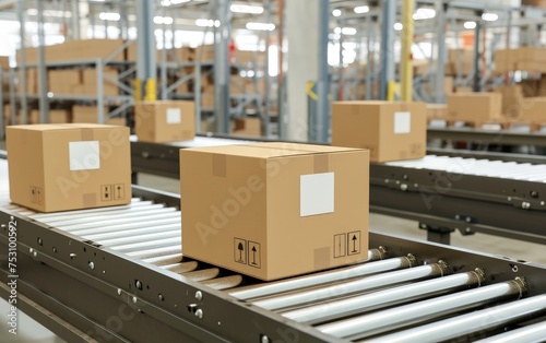 Closeup of multiple cardboard box packages seamlessly moving along a conveyor belt in a warehouse fulfillment center photgraphy with blur background. © Cheetose