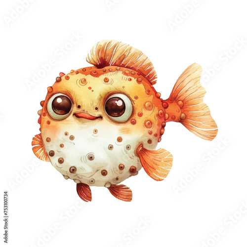 cute puffer fish vector illustration in watercolour style